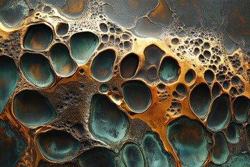Fototapete - Abstract metallic texture with teal and gold organic shapes, resembling a microscopic view or molten metal.