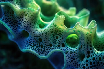 Fototapete - Abstract close-up of a bioluminescent, porous, organic structure with vibrant green and blue hues.