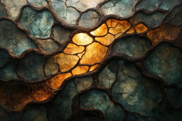 Poster - Abstract artwork depicting a glowing, amber-toned core within a dark, textured stone-like structure resembling roots or veins.