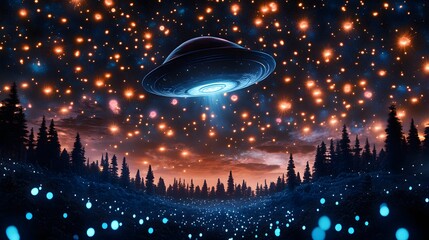 Wall Mural - a spaceship landing on a distant planet covered in bioluminescent plants.