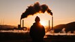 © Valentyna - Silhouetted person observes industrial pollution at sunset, contemplating environmental impact