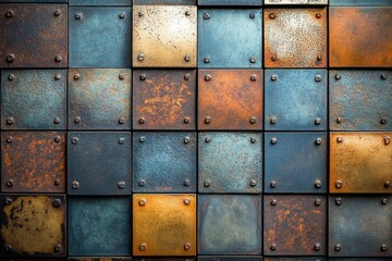 Aufkleber - A wall of square metal plates in various shades of blue, brown, and gold, fastened with rivets.