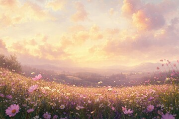 Wall Mural - serene sunset over a vast field of wildflowers, creating a peaceful and idyllic landscape.