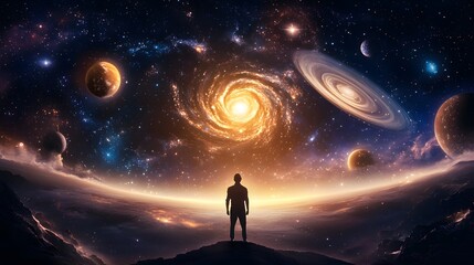 Wall Mural - a cosmic traveler surrounded by swirling galaxies and celestial bodies.