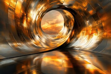 Fototapete - Abstract metallic tunnel with sunset view, showcasing swirling, reflective surfaces and a fiery sky.