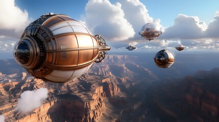 Wall Mural - a steampunk explorer flying a mechanical glider over a vast canyon filled with floating airships.