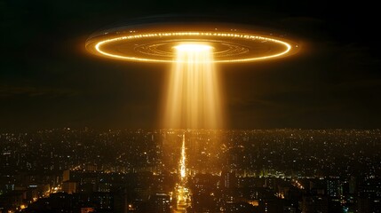 Wall Mural - a colossal spaceship hovering over a city, beams of light scanning the streets below.