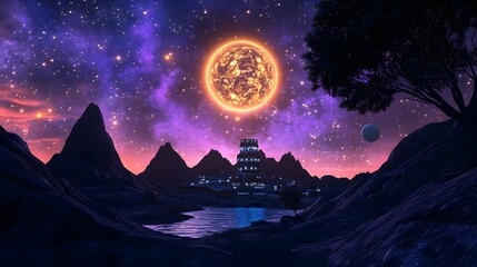 Wall Mural - an alien landscape with a futuristic outpost glowing under the light of a distant galaxy.