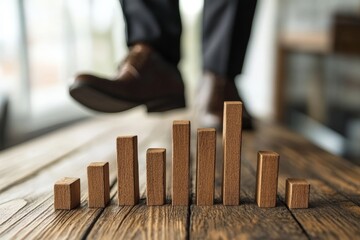 Aufkleber - Business professional analyzing growth trends while stepping on wooden blocks positioned on a table in a modern office setting
