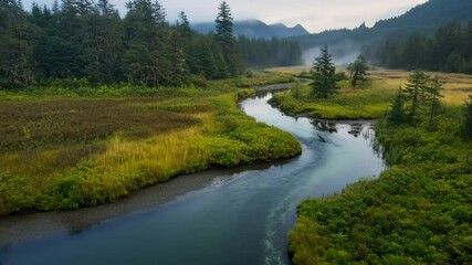 Wall Mural - Serene River Flowing Through Lush Green Forests in Early Morning Light with Misty Mountains in the Background