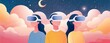 © Phiraya - Pastel style business illustration of a group of professionals discussing future trends using augmented reality tools,