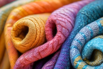 Poster - Colorful woven textiles display intricate patterns in a vibrant, cozy setting for fabric enthusiasts