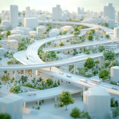 Poster - Ethereal Cityscape: A Miniature Metropolis with Elevated Roads and Lush Greenery bathed in Soft Morning Light 