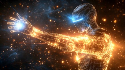 Wall Mural - a futuristic samurai in battle armor, his cybernetic arm glowing with energy.