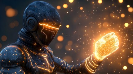 Wall Mural - a futuristic samurai in battle armor, his cybernetic arm glowing with energy.