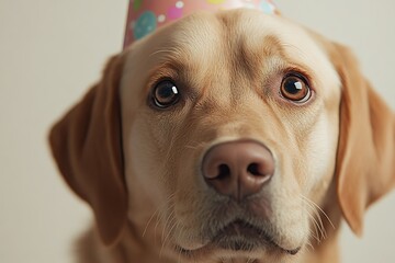 Wall Mural - labrador retriever wearing a party hat celebrates a special occasion indoors with an adorable expres