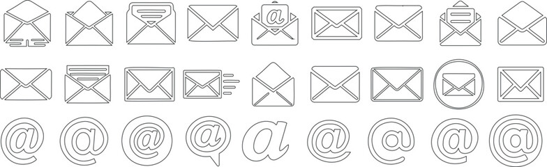 Wall Mural - email icon line art, minimalist envelope and at symbol vector illustration for communication, digital, outline design, simple icon set, modern, technology, messaging, perfect for web, app, marketing