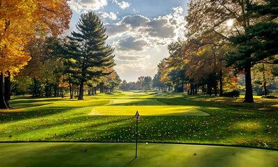 Wall Mural - Scenic Golf Course View Amidst Vibrant Autumn Foliage, Bright Blue Sky with Fluffy Clouds, and Lush Green Fairway for Nature Enthusiasts and Sports Lovers