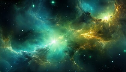 cosmic nebula with green and blue hues and scattered stars