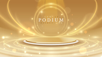 Wall Mural - golden empty podium on light brown background with soft neon effect and bokeh decoration. luxury sta
