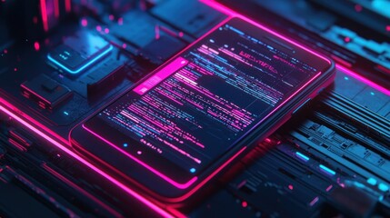 Smartphone displaying code on futuristic circuit board.