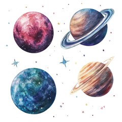 Wall Mural - Watercolor planets with rings and stars floating in space