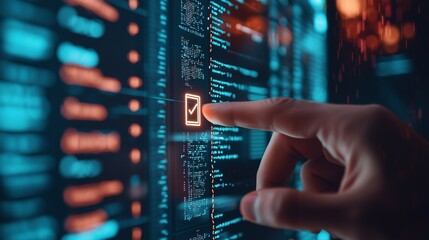 Vibe coding concept. Hand interacting with digital code interface, symbolizing intuitive coding and tech vibes.