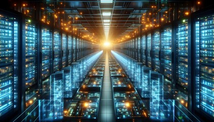 A data center filled with rows of glowing servers, symbolizing the abundance of digital information and technology growth.