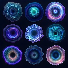 Wall Mural - nine vibrant abstract circular designs feature intricate glowing details perfect for backgrounds or 