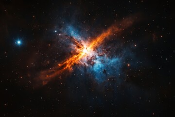 fiery cosmic nebula bursts with vibrant orange and blue hues against a backdrop of twinkling stars.