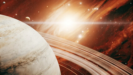 a glowing planetary disk floating in deep space, surrounded by cosmic nebulae and distant stars, off