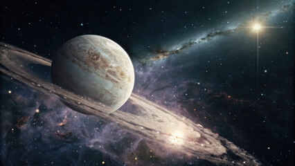 a glowing planetary disk floating in deep space, surrounded by cosmic nebulae and distant stars, off