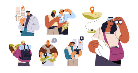 People look for way on map set. Tourists are lost in journey, search route, direction with gps on phone. Characters navigate in hike travel. Flat isolated vector illustrations on white background