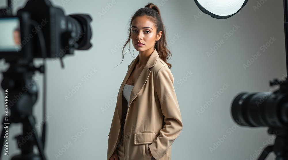 Photo Modelling Model poses confidently during a professional photoshoot in a studio ...