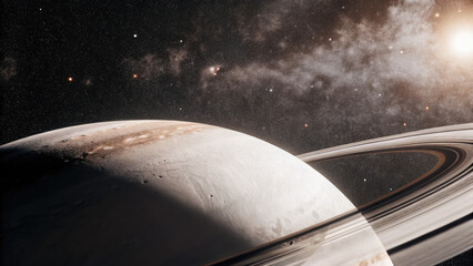 a glowing planetary disk floating in deep space, surrounded by cosmic nebulae and distant stars, off