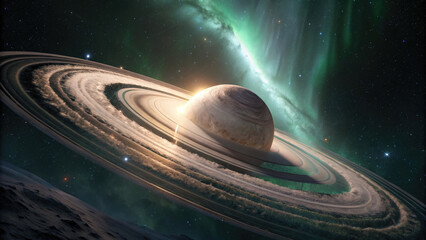 Wall Mural - a glowing planetary disk with swirling auroras, floating in a dark cosmic void, radiating soft ether
