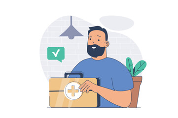 Poster - Medicine concept with cartoon people in flat design for web. Doctor with first aid kit suitcase helping in emergency cases, paramedic going to patients with ambulance callings. Vector illustration.