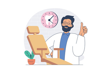 Poster - Medicine concept with cartoon people in flat design for web. Man working as dentist, examining patients teeth, doing consultation, therapy procedures and oral hygiene treatments. Vector illustration.