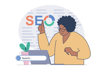 Poster - SEO optimization concept with cartoon people in flat design for web. Woman researching data analysis and internet algorithms, working with keywords for search service settings. Vector illustration.