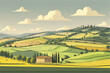 © Imran Designs - Countryside scenery in Tuscany, Italy. Handmade drawing vector illustration. Vintage style. Engraved old sketch style colorful vector