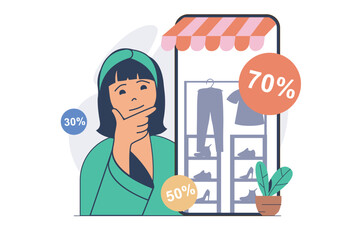 Poster - Shopping concept with cartoon people in flat design for web. Woman doing purchases at clothes store in mobile app, buying new products with bargain price offers at big sales. Vector illustration.