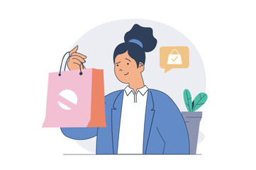Poster - Shopping concept with cartoon people in flat design for web. Woman with bag doing bargain purchases, choosing and buying new products with bargain price, using delivery service. Vector illustration.