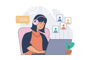 Fototapete - Video conference concept with cartoon people in flat design for web. Woman in headphones listening colleagues and connecting by video call at laptop and chatting online remotely. Vector illustration.