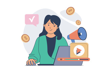Poster - Video marketing concept with cartoon people in flat design for web. Woman creating content with advertising information, using megaphone for attracting audience and gets profit. Vector illustration.