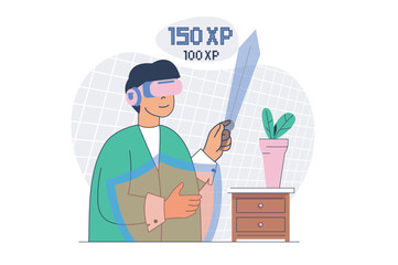 Aufkleber - Virtual reality concept with cartoon people in flat design for web. Man in VR headset playing in video game with sword and shield simulation, enjoying cyber gaming competition. Vector illustration.