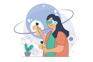 Aufkleber - Virtual reality concept with cartoon people in flat design for web. Woman in VR headset with hand controllers exploring cosmic space simulation, learning planets in cyberspace. Vector illustration.
