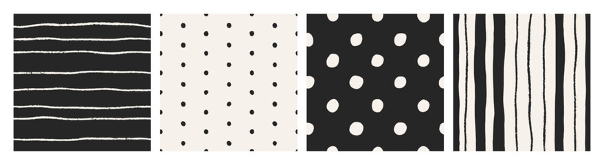 Fototapete - Seamless patterns set with thin line stripes, tiny polka dots. Abstract endless simple textures for fabric, textile, wrapping, freehand style. Modern repeating designs. Flat vector illustrations