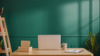 © RungsakThekop - minimalist workspace with wooden desk, laptop, notebook, coffee mug, and pen, set against green wall with natural light and plants creating calm atmosphere