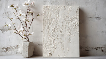 Fototapete - A minimalistic display featuring a textured white panel alongside a delicate floral arrangement in a modern vase