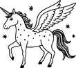 © inspiring  - Whimsical unicorn with wings and stars in black and white illustration